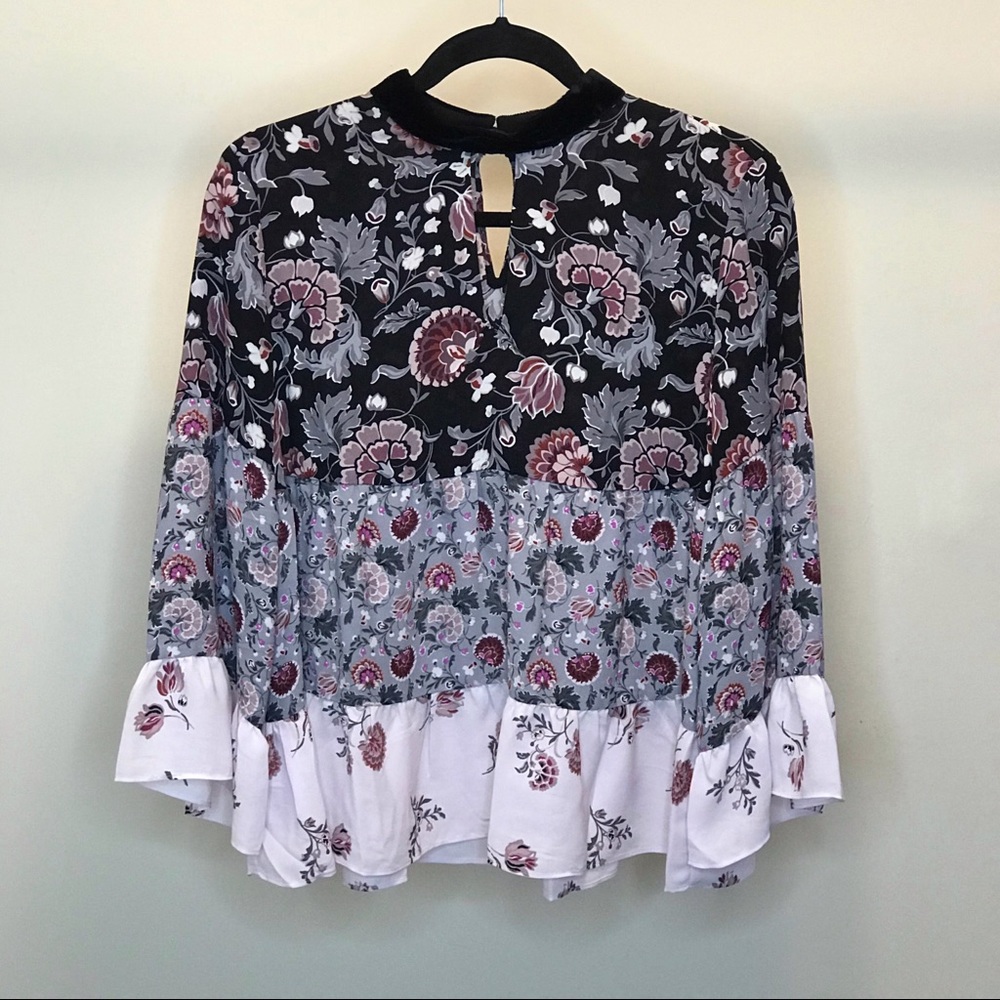 LOFT Pastel Floral Blouse W/ Black Velvet Choker